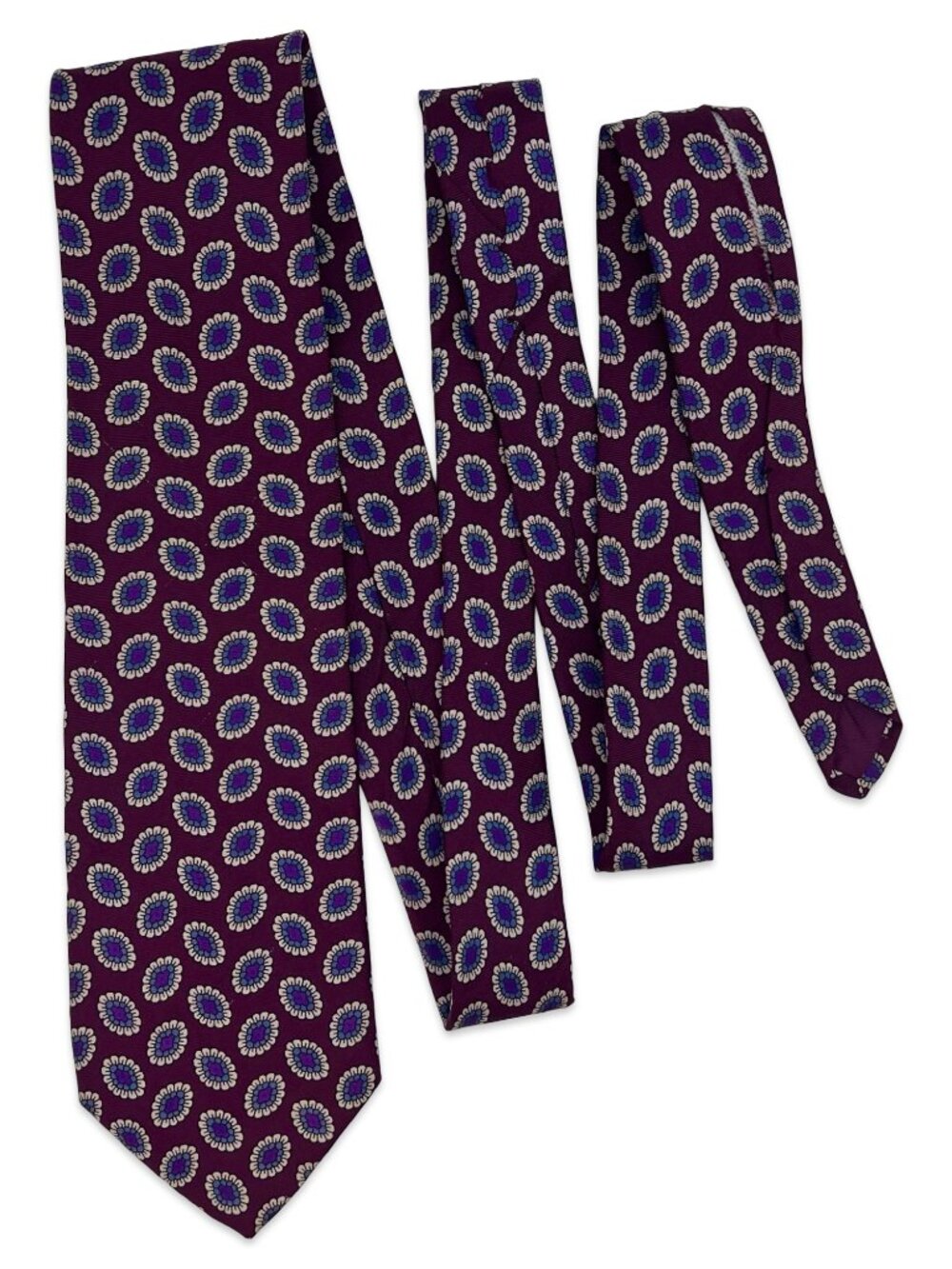Harvรฉ Benard Silk Necktie Burgundy Blue Medallion Vintage